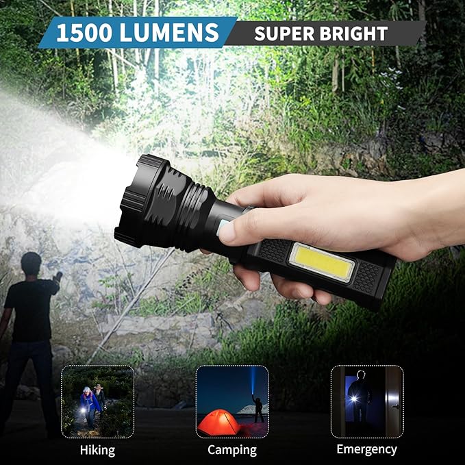 Led Solar Flashlight, 1500 Lumens Led Solar Handheld Rechargeable Flashlights with IP65 Waterproof, 2000mAh Battery for Survival Emergencies Camping (4 Pack)