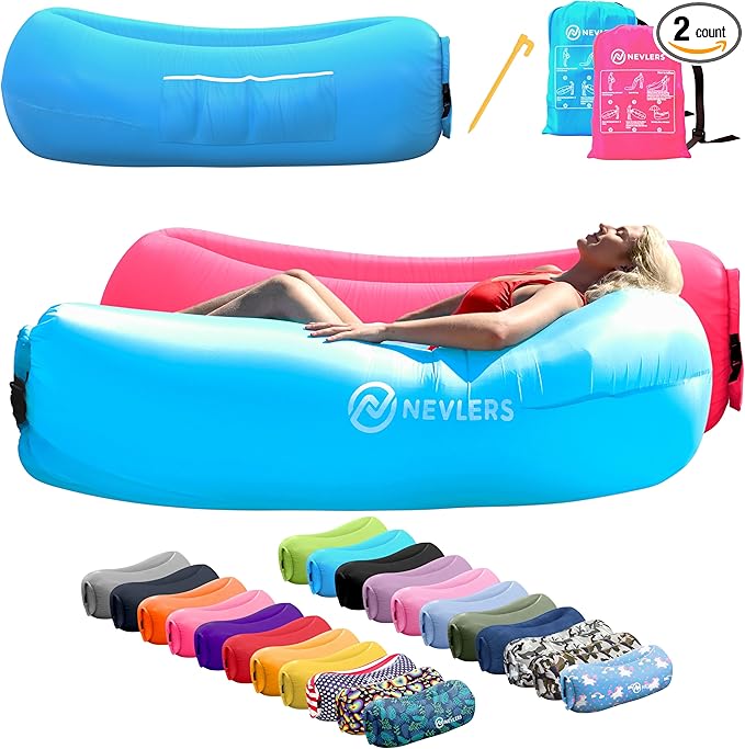 Nevlers 2 Pack Inflatable Loungers Air Sofa Couch | Perfect for Beach Chair Camping Chairs or Portable Hammock |Travel Bag Pouch, Pegs & 3 Pockets| Movie Seating & Camping Accessories Blow Up Lounger