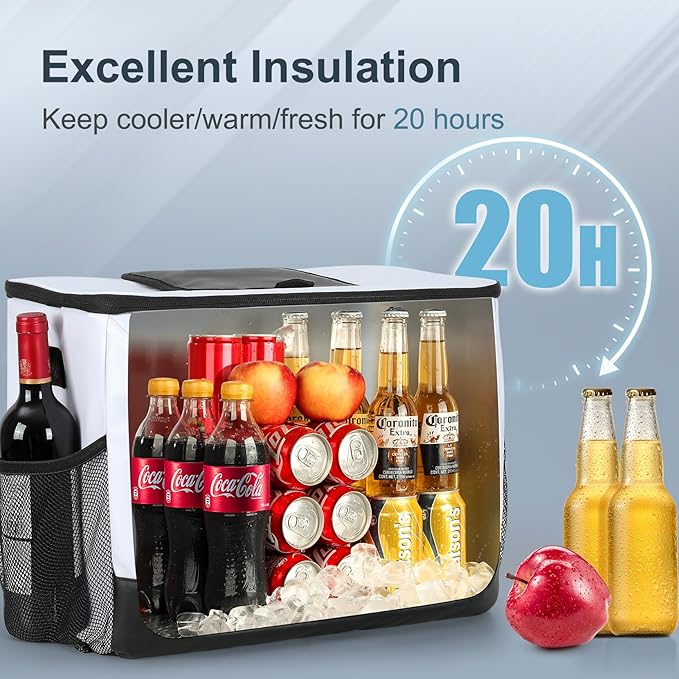 Soft Cooler Bag, 30 Cans Collapsible Cooler with Adjustable Shoulder Straps, White Ice Chest for Camping, Beach, Hiking, Picnic