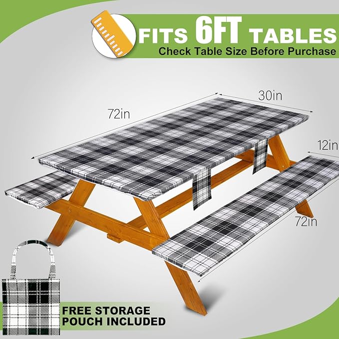 Fitted Picnic Table Cover with Bench Covers Waterproof Elastic Edges Rectangle Patio Tablecloth Outdoor Camping Essentials Stuff Rv Accessories Summer Trip Travel Camper Gifts for Woman Men, 72in 6 ft