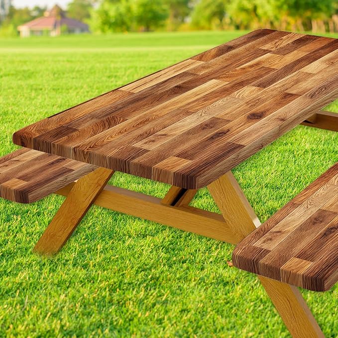JAWO Picnic Table Covers with Bench Covers Wooden Pattern Camping Tablecloth Fitted Picnic Table Cover with Elastic Windproof Waterproof Fabric, Camping Accessories Patio & Outdoor