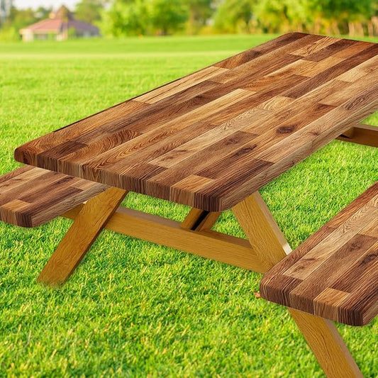 JAWO Picnic Table Covers with Bench Covers Wooden Pattern Camping Tablecloth 8FT for 8 Person Fitted Picnic Table Cover with Elastic Windproof Waterproof Fabric, Camping Accessories Patio & Outdoor
