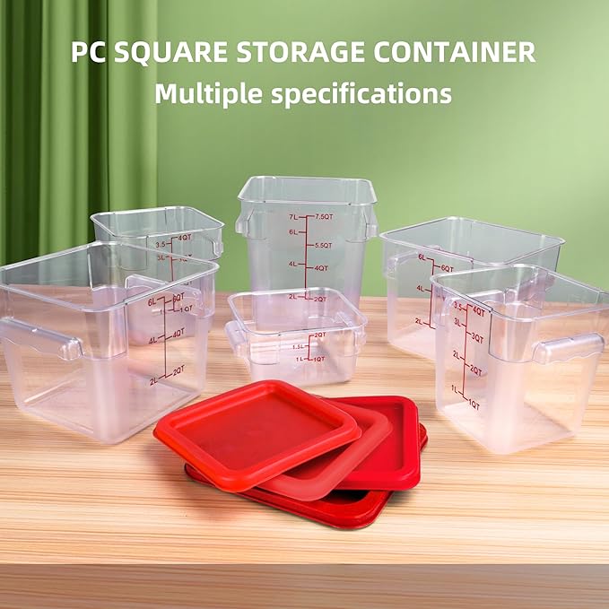2 Pack RED Square Food Storage Container With Lid,2-12 Quart Commercial Storage Box With Scale & Handle,Cake Making,Dough Marinating Meat,Kitchen Supplies (2 Quart)