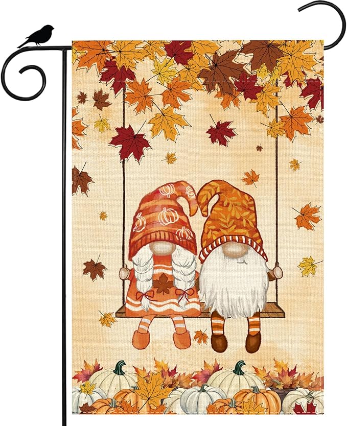 Fall Gnomes Swing Maple Leaves Pumpkins Autumn Garden Flag Yard Flag 12x18 Inch Double Sided Small Mini Yard Outdoor Outside Farmhouse Holiday Decoration