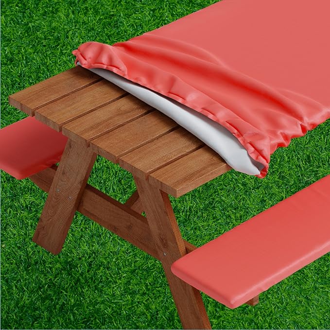 Sorfey Picnic Table Cover with Bench Covers -Fitted with Elastic, Vinyl with Flannel Back, Fits for Table 30"x 60" Rectangle,Water Proof, Solid RED Design
