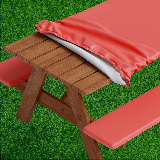 Sorfey Picnic Table Cover with Bench Covers -Fitted with Elastic, Vinyl with Flannel Back, Fits for Table 30"x 72" Rectangle,Water Proof, Solid RED Design