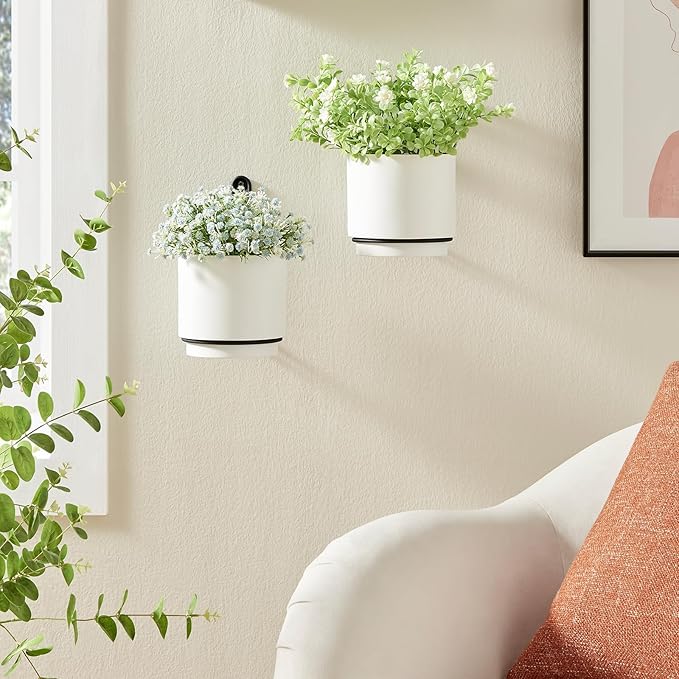 2 Pcs Wall Mounted Hanging Planter Vase for Indoor and Outdoor Plants Modern Metal Wall and Ceiling Planter Minimalist Flower Pot (White, 5.91 inch)