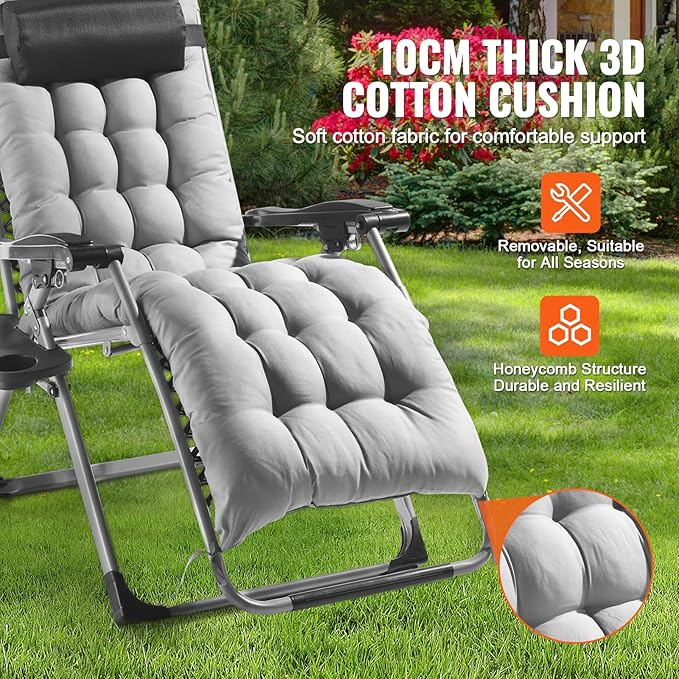 VEVOR Zero Gravity Chair, 26 inch Zero Gravity Recliner Lounge Chair for Indoor and Outdoor, Adjustable Anti Gravity Chair with Cushion, Headrest, Footrest, and Cupholder, 500 lbs, Gray