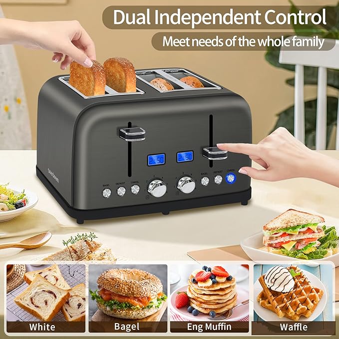SEEDEEM Toaster 4 Slice, LCD Display, 6 Shade Settings, 1.5'' Wide Slots, Digital Stainless Toaster for Bagel, Defrost, Reheat, Dual Control, Removable Crumb Tray, 1500W, Dark Metallic