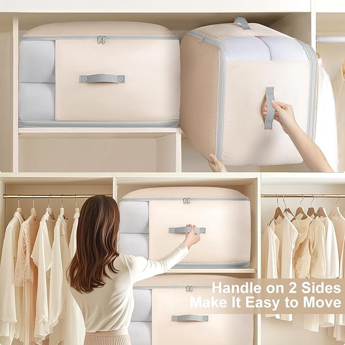 Comforter Storage Bag - 130L Large Capacity Blanket Storage Bags 3-Layer Ultra Space Saving Self Compression Organizer, Washable Compression Bags for Storage Comforter Blanket, 6-Pack, Beige