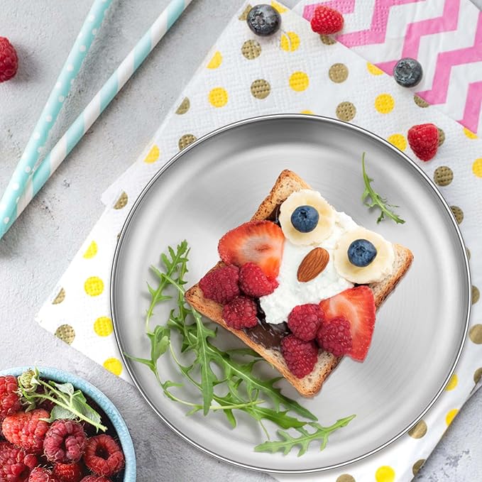 Homikit Stainless Steel Kids Plates Set of 8, 9 Inch Metal 304 Toddler Plates for Kids Children, 18/8 Non Toxic Dinner Dishes for Eating Feeding Serving Camping, Dishwasher Safe & Reusable