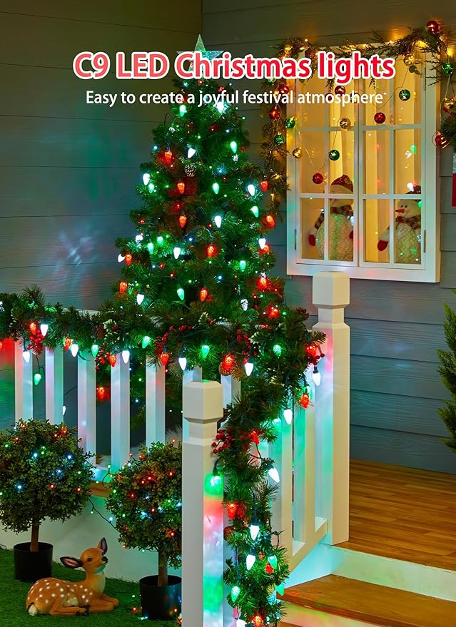 C9 LED Christmas String Lights - 82ft 100 LED Outdoor String Lights with Timer and 8 Lighting Modes, Plug in Extendable Roofline Lights String for Outside Yard Porch Christmas Holiday Decoration