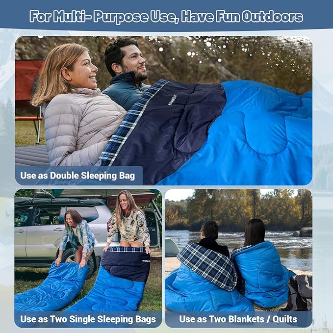 Double Sleeping Bag for Adults Machine Washable 2 Person Camping Sleeping Bag Queen Size Waterproof with Compression Sack for Cold Weather 3-4 Seasons