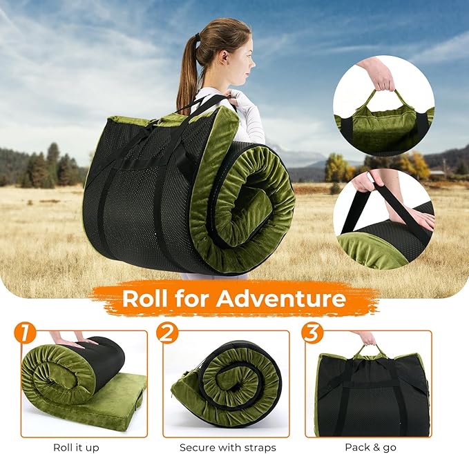 BDEUS Memory Foam Camping Mattress Pad 3inch Waterproof Roll Up Bed Sleeping Mat for Adults Portable Roll Up Mattress for Travel Guest Floor Bed Cot Mattress for Car, Tent