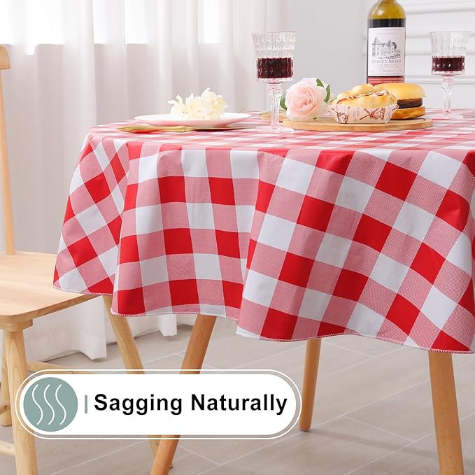 misaya Round Waterproof Vinyl Table Cloth, Buffalo Flannel Backed Tablecloth, Wipeable Plastic Table Cover for Dinner, Kitchen, Picnic (60", Red and White)