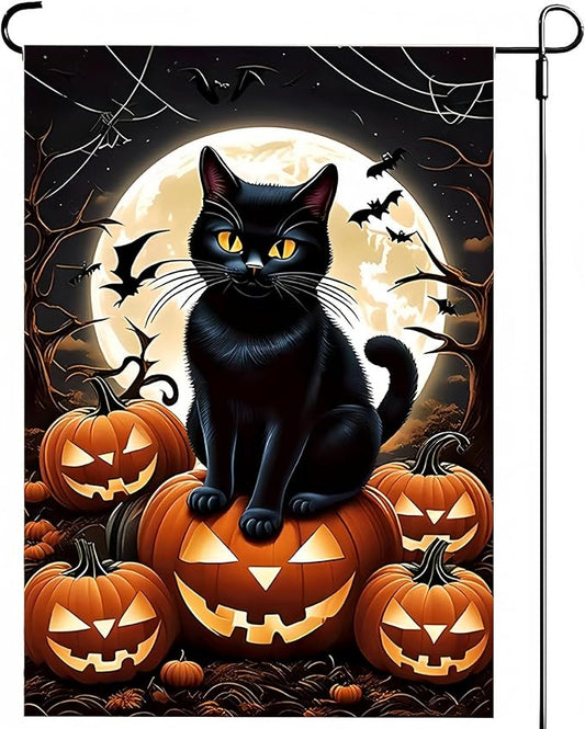 Halloween Garden Flag 12X18Inch Double Side, Jack O Lantern Yard flag, Cat Outside Small Garden Flag Decorative, Outdoor Flag for Holiday Patio Courtyard Lawn