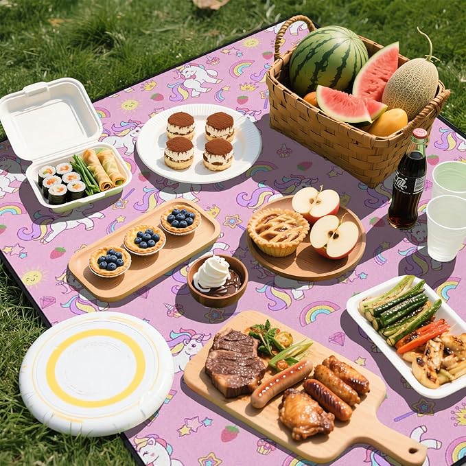 Extra Large Picnic Outdoor Blanket 60''x80'' Pink Unicorn Waterproof and Sandproof Picnic Mat for Beach Foldable Camping Accessories for Grass Lawn Park