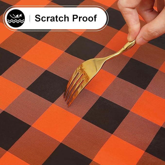 misaya Round Waterproof Vinyl Table Cloth, Buffalo Flannel Backed Tablecloth, Wipeable Plastic Table Cover for Dinner, Kitchen, Picnic (60", Orange and Black)