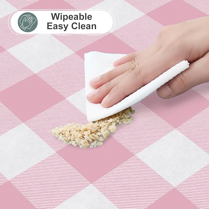 misaya Round Waterproof Vinyl Table Cloth, Buffalo Flannel Backed Tablecloth, Wipeable Plastic Table Cover for Dinner, Kitchen, Picnic (60", Pink and White)