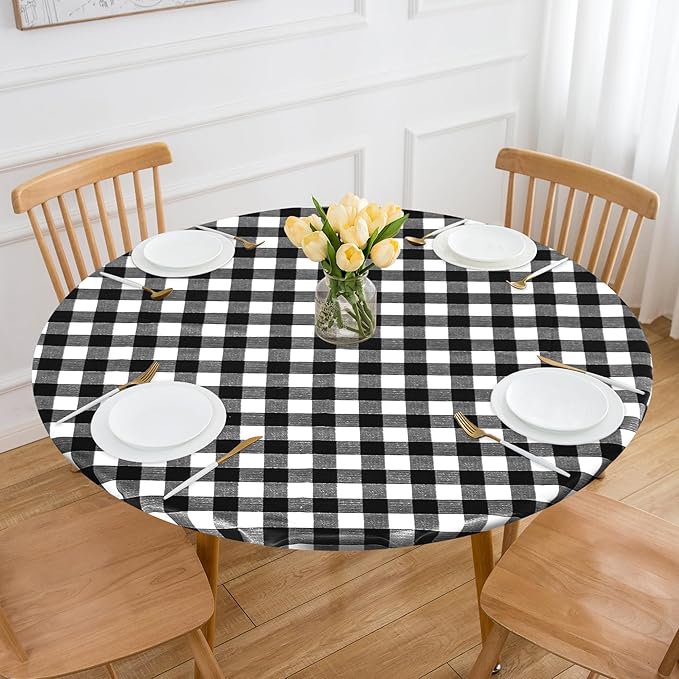Fitable 2 Pack Vinyl Fitted Tablecloth Round, Black and White - Waterproof Checkered Elastic Tablecloth Flannel Backed Gingham Table Cover for Outdoor Picnic Dining (Fit for 36"-44" Round Tables)