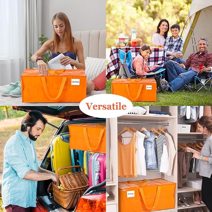 4 Pcs 24 Gallon Large Moving Bags with Zipper and Handles Foldable Storage Duffle Bags Heavy Duty Extra Large Totes for College Dorm Travel Clothes Blankets Bedding Moving (Jelly Orange)