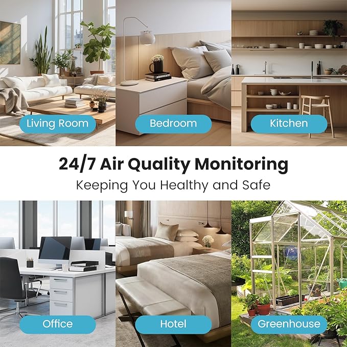 10-in-1 Air Quality Monitor with WiFi App Alerts | CO2, PM2.5, HCHO, TVOC Detector | 6.1" HD Display & 2Y Data Storage | Wall/Desk Mount for Home, Office, School (Black)