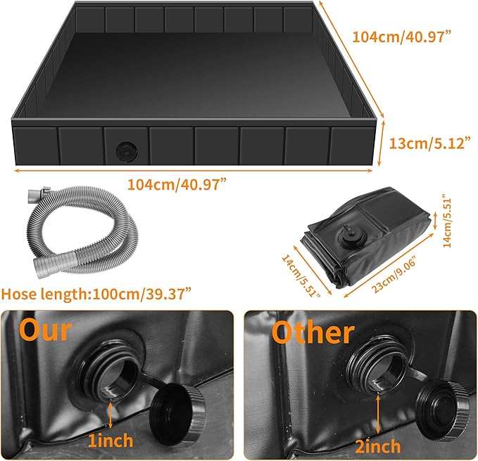 41"x41"x5" Portable Shower Pan Camping Shower Base Collapsible Temporary Shower Stall with Drain Hose Durable Foldable Basin for RV Outdoor Bathing Pets Tent Indoor Outdoor Use