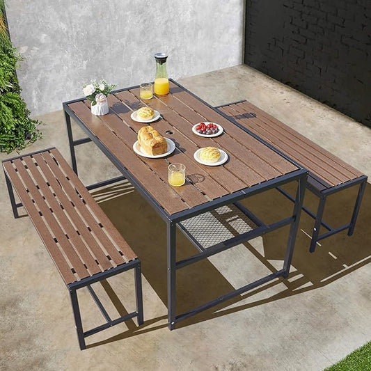 55'' Outdoor Picnic Table and Bench Set with 2" Umbrella Hole and Storage Shelf, Patio Dining Set for 6 People, Outdoor Dining Table and Chair for Garden Yard Porch- Brown