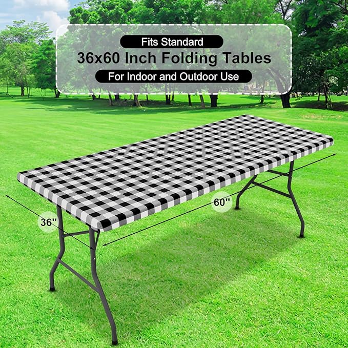 misaya Buffalo Rectangle Picnic Tablecloth, 5 Foot Elastic Fitted Vinyl Table Cloth with Flannel Backing, Waterproof Plaid Table Covers for Dining, Camping, Outdoor (Black and White, 36" x 60")