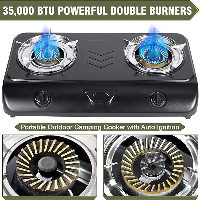 BESTFIRE 35,000 BTU Double Burner Propane Gas Stove, Portable Outdoor Camping Cooker with Auto Ignition, Rust-Resistant Alloy Steel, CSA Regulator & Hose, for BBQ, RV, Tailgating, 28.74"×14.76"×5.51"