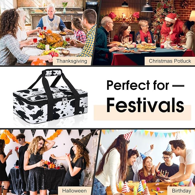 Insulated Casserole Carrier, Portable Casserole Carrier for Hot or Cold Food Lunch Tote Warmer or Cooler Bag, Lasagna Lunch Bag for Potluck Parties- Fits 9" x 13" Baking Dish-Cow Pattern