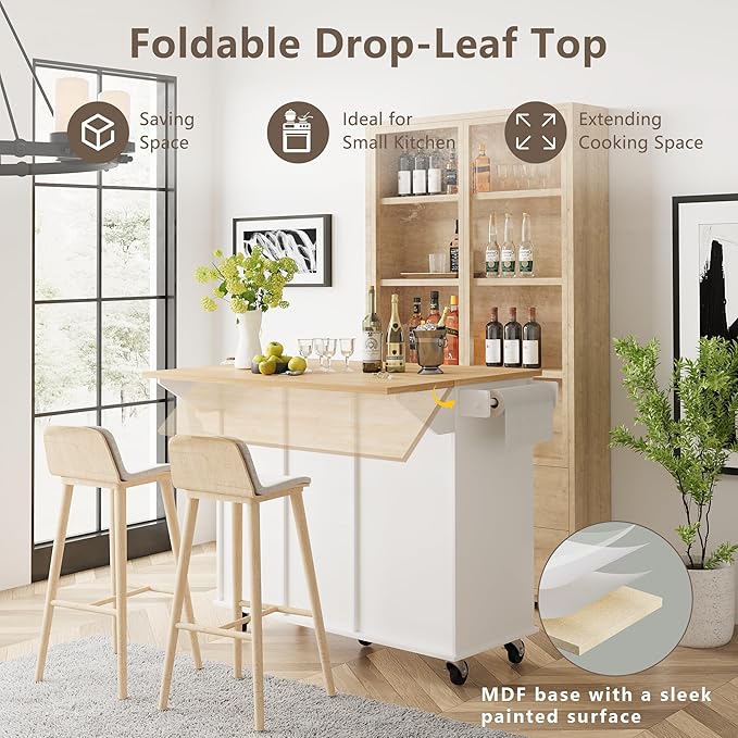 win2win Rolling Kitchen Island with Trash Can Storage, Portable Kitchen Island with Drop Leaf Breakfast Bar, Modern Farmhouse Kitchens Cart on Wheels with Fluted Design, Towel Rack, Spice Rack, White