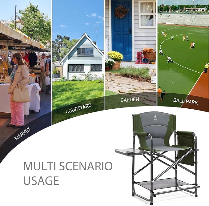 EVER ADVANCED Medium Tall Directors Chair Foldable Makeup Artist Chair Bar Height with Side Table Cup Holder and Pocket Footrest, Supports 400LBS (Green, Seat Height: 23.2 inches)