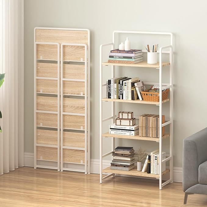 4NM No Assembly Folding Bookshelf, 4-Shelf 54" H Collapsible Foldable Bookcase Storage for Small Spaces, Natural White