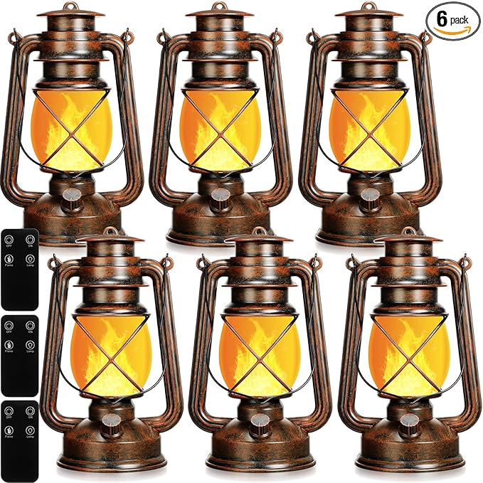 Retisee Vintage LED Lantern Battery Powered Camping Lamp Indoor Outdoor Hanging Lantern Flickering Fire Lamps with Remote Control for Patio Yard Door Front Decor(6 Pcs)
