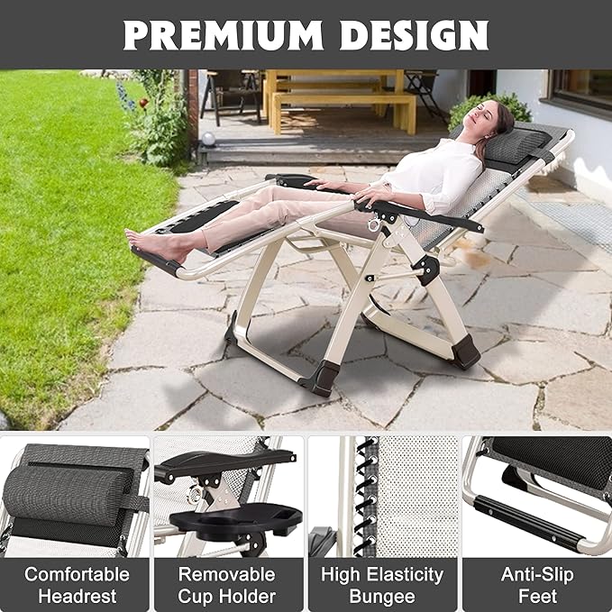 ABORON Padded Zero Gravity Chair,Premium Outdoor Lawn Folding Lounge Chairs,Sturdy Adjustable Reclining Patio Chairs with Headrest & Tray