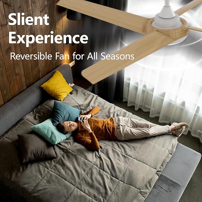 52 Inch Ceiling Fan with Light and Remote, 4 Blades, Quiet DC Motor, Reversible Fan with Dimmable LED Light, for Bedroom Living Room(Grain)