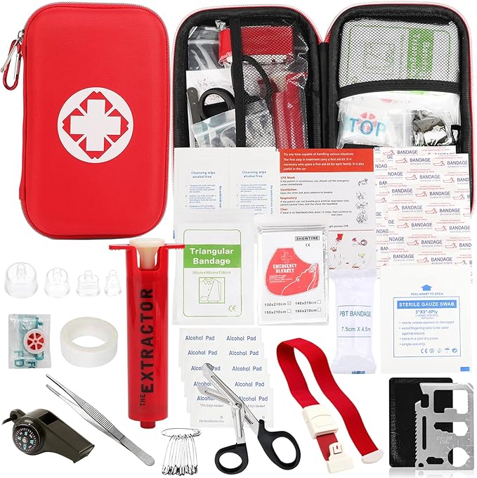 Snake Bite Kit, Bee Sting Kit, Emergency First Aid Supplies, Venom Extractor Suction Pump, Bite and Sting First Aid for Hiking, Backpacking and Camping. Includes Bonus CPR face Shield (Red)