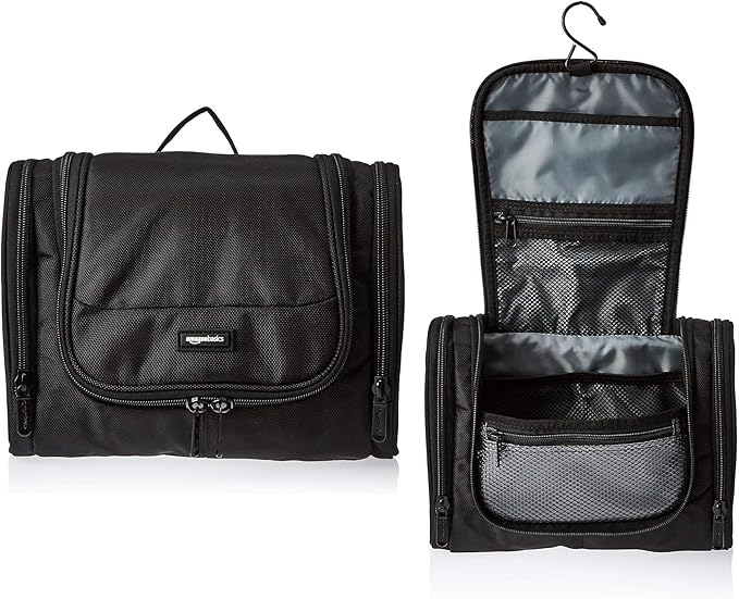 Amazon Basics Travel Toiletry Bag for Men and Women, Hanging Toiletry Bag, Dopp Kit with 2 Side Pockets, Multiple Interior Pockets, Durable 1680D Polyester, Handles Bathroom Spills/Splashes, Black