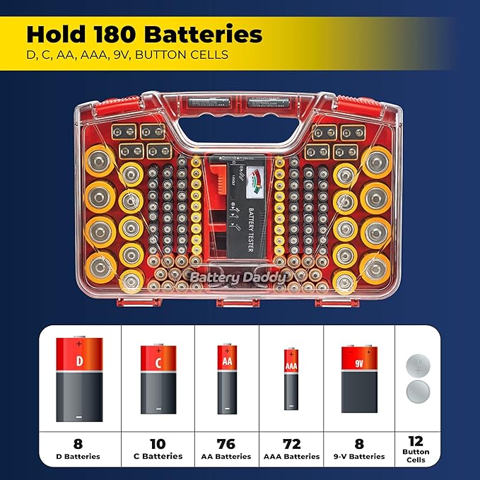 Ontel Battery Daddy Storage & Organizer Case with Tester, Stores & Protects Up to 180 Batteries, Double-Sided, Durable Design with Clear Locking Lid, Secure Latches & Portable Carrying Handle - Red