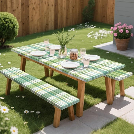 Green Picnic Table Cover with Bench Covers, 3 Pcs Waterproof Elastic Picnic Table Cover Outdoor Camping Essentials, Windproof Fitted Tablecloth for Indoor Outdoor (Plaid, 72X30 Inch)