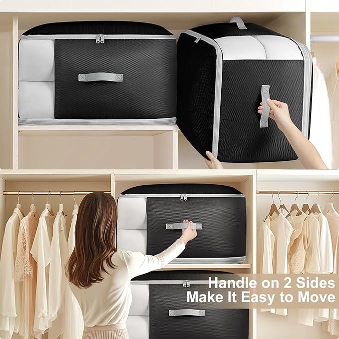 Comforter Storage Bag - 130L Large Capacity Blanket Storage Bags 3-Layer Ultra Space Saving Self Compression Organizer, Washable Compression Bags for Storage Comforter Blanket, 6-Pack, Black