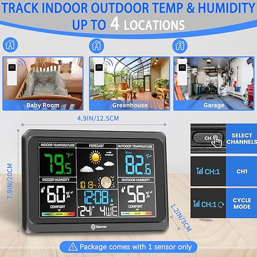 Geevon Weather Stations Wireless Indoor Outdoor Thermometer, Color VA Display Digital Weather Thermometer, Temperature Humidity Monitor with Barometer, Calendar, and Adjustable Backlight