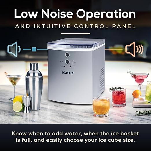 Igloo Electric Countertop Ice Maker Machine - Automatic and Portable - 33 Pounds in 24 Hours - Ice Cube Maker - Ice Scoop and Basket - Ideal for Iced Coffee and Cocktails - Silver