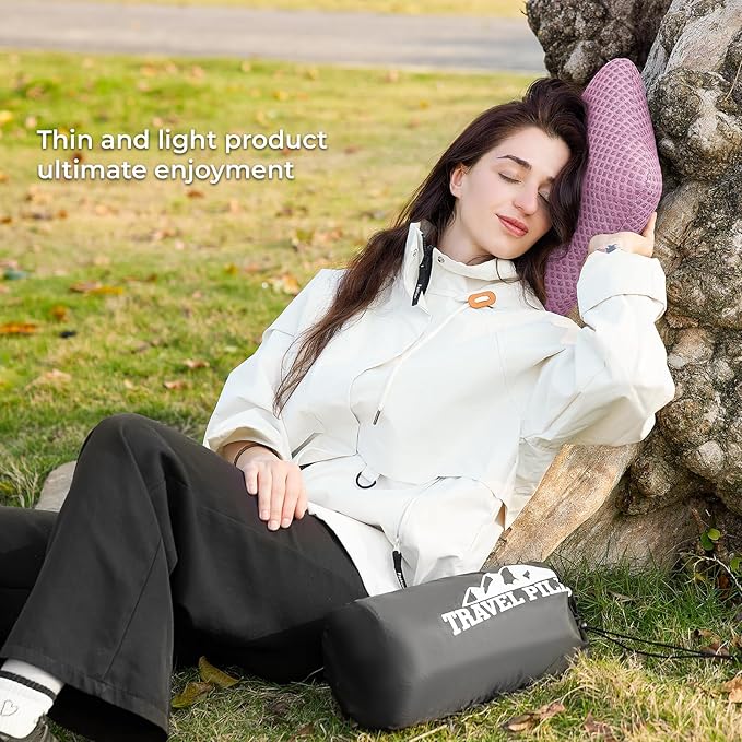 Travel Pillow Memory Foam Pillows, Camping Pillow-Compressible Medium Firm, Breathable Cover, Ideal Backpacking Hiking, Bed Pillows, Airplane and Car (Apricot Powder, S)