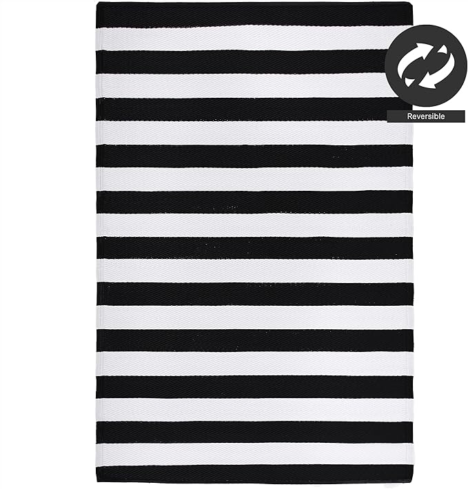 FH Home Outdoor Camping Rug - Waterproof, Fade Resistant, Reversible - Premium Recycled Plastic - Striped - Large Patio, Deck, Sunroom, RV - Brittany Stripe - Black & White - 9 x 18 ft Foldable
