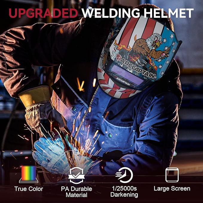 ARCCAPTAIN Large Viewing Screen Welding Helmet, 1/1/1/1 Top Optical Clarity Auto Darkening Welding Hood, 4 Arc Sensor 1/25000s Response Time True Color Weld Hood Helmet HSH-S800 Fly Eagle