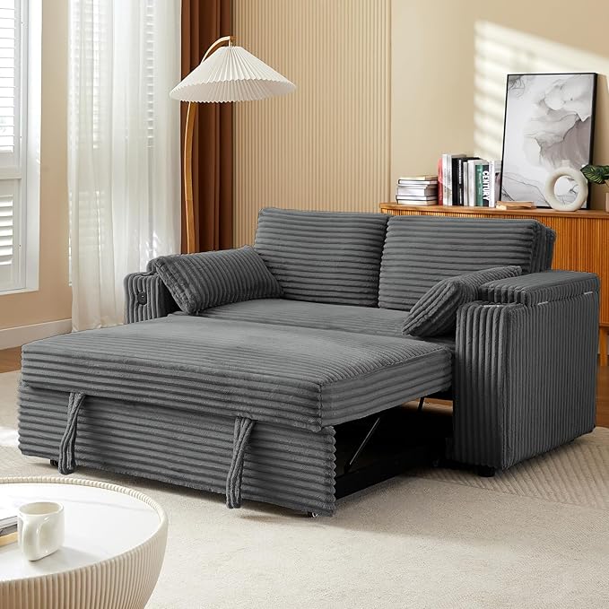 68.11" Corduroy Sleeper Chair Bed with USB Port, Cup Holders & Side Storage Pockets – 3-in-1 Foldable Sofa Bed for Guest Room, Living Room (ZY-1110-Dark Gray)
