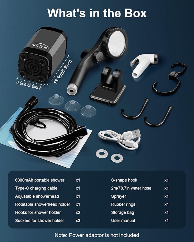 AUTOPkio Portable Camping Shower, Rechargeable Camp Shower Pump with USB Cable & Electric Outdoor Shower Head Sprayer for Camping, Hiking, Pet Bathing, Washing