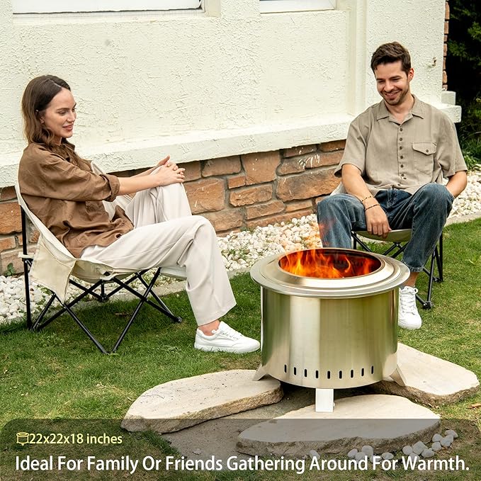 Smokeless Fire Pit,22 Inch Stainless Steel Firepit, Outdoor Wood Burning Fire Pit with Cover,Smokeless Firepits for Outside Backyard Patio Garden Camping Bonfire